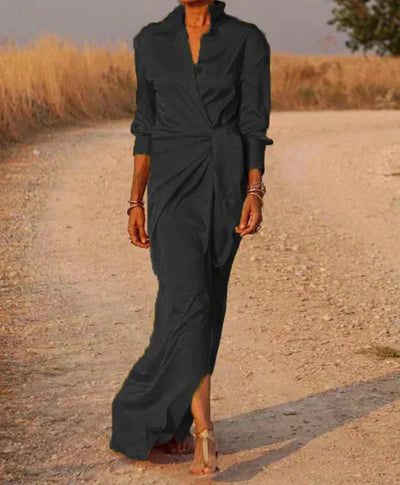 Women’s Maxi Dress – Satin Finish – Wrap Style – Collared – Ruched Waist – Long Sleeve