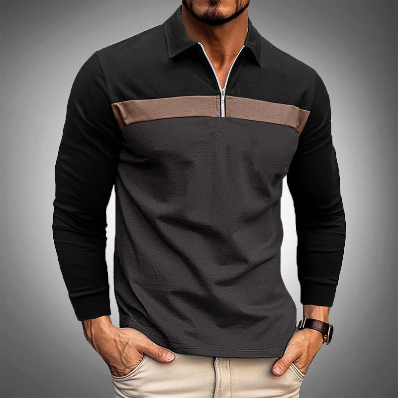 Men’s Long-Sleeve Polo Shirt - Quarter Zip - Tailored Fit - Casual Smart Wear