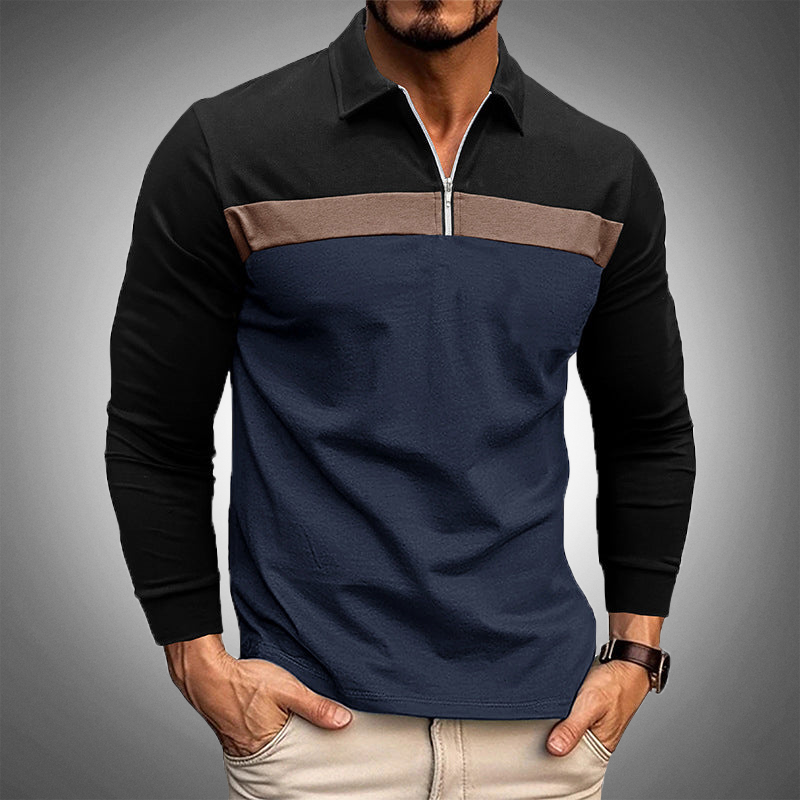 Men’s Long-Sleeve Polo Shirt - Quarter Zip - Tailored Fit - Casual Smart Wear