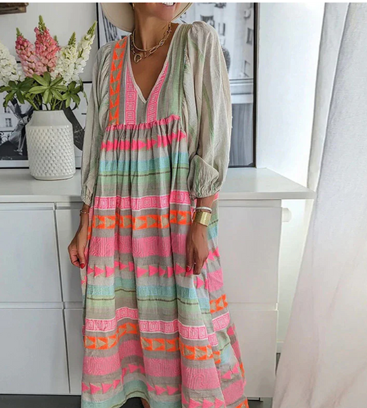 Women’s Maxi Dress – Relaxed Fit – V-Neck – Long Sleeve – Bohemian Style – Breathable Blend