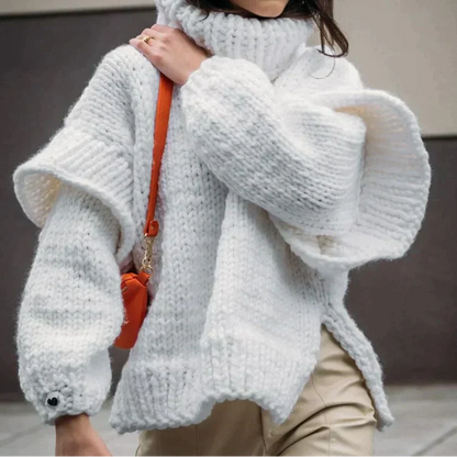 Women’s Turtleneck Sweater – Oversized Fit – Chunky Wool Knit – Ribbed Detailing