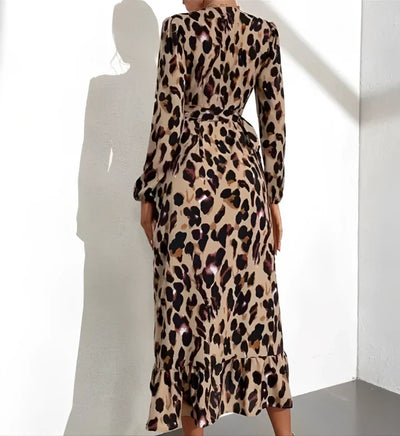 V-neck Dress with Leopard Print | Lightweight Polyester Fabric