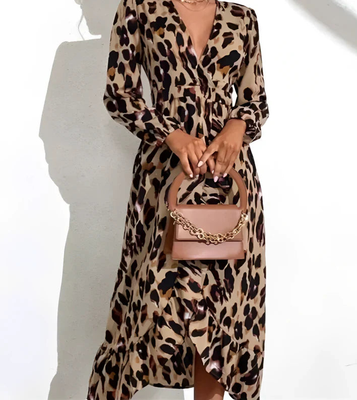 V-neck Dress with Leopard Print | Lightweight Polyester Fabric