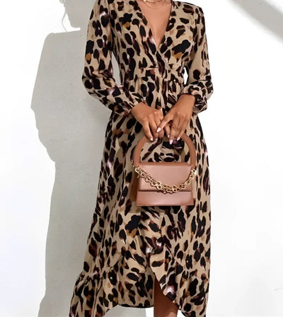 V-neck Dress with Leopard Print | Lightweight Polyester Fabric