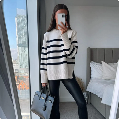 Women's color block stripe sweater with loose shoulder