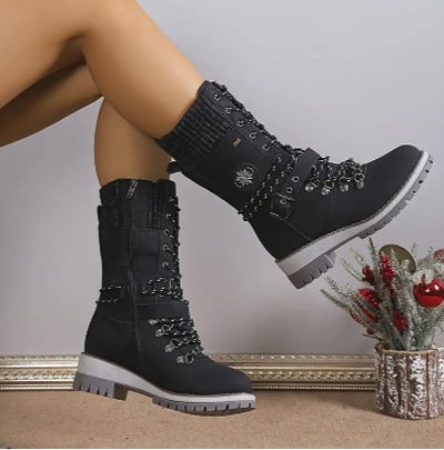 Women's High-Top Boots - Lace-Up & Zip - Knitted Cuff - Rugged Sole - Warm & Stylish