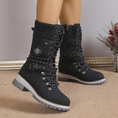 Women's High-Top Boots - Lace-Up & Zip - Knitted Cuff - Rugged Sole - Warm & Stylish