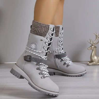 Women's High-Top Boots - Lace-Up & Zip - Knitted Cuff - Rugged Sole - Warm & Stylish