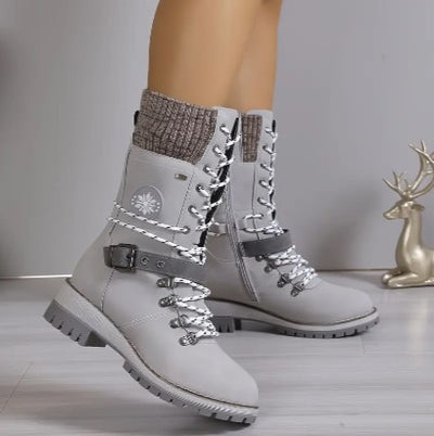 Women's High-Top Boots - Lace-Up & Zip - Knitted Cuff - Rugged Sole - Warm & Stylish