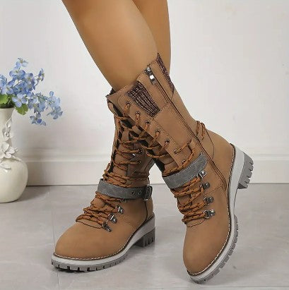 Women's High-Top Boots - Lace-Up & Zip - Knitted Cuff - Rugged Sole - Warm & Stylish