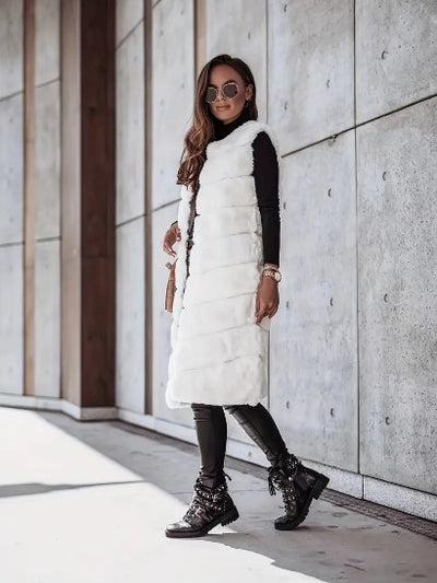 Women's Faux Fur Vest - Long Sleeveless - Open Front Lightweight Layer