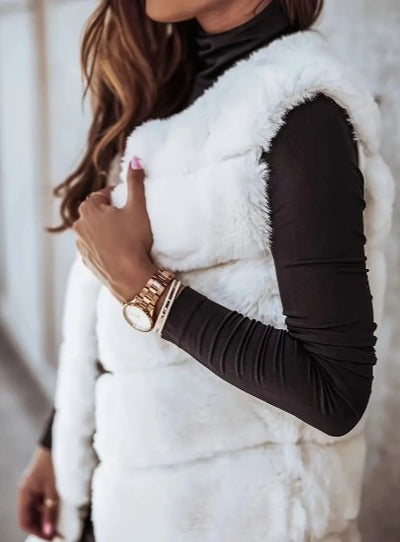 Women's Faux Fur Vest - Long Sleeveless - Open Front Lightweight Layer