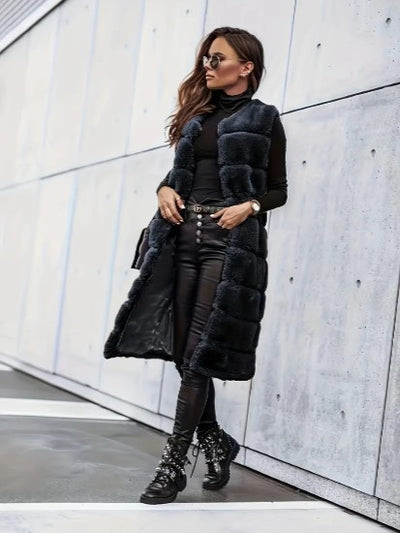 Women's Faux Fur Vest - Long Sleeveless - Open Front Lightweight Layer