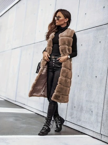 Women's Faux Fur Vest - Long Sleeveless - Open Front Lightweight Layer