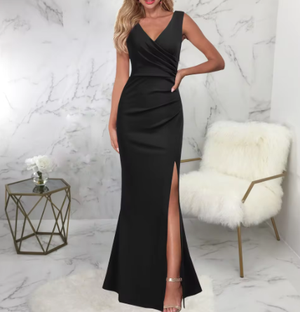 Women's Evening Gown - Fitted Silhouette - V-Neck Sleeveless - High Slit Floor-Length