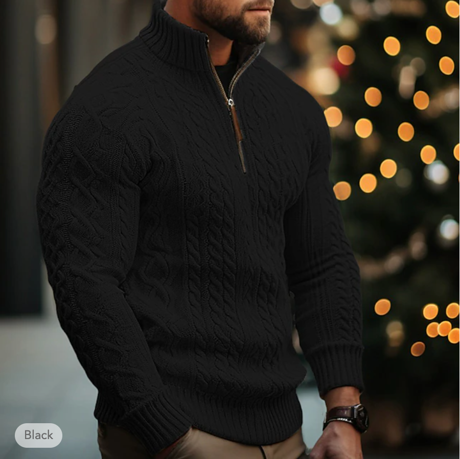 Men's Cable Knit Sweater - Half Zip - High Collar - Warm & Comfortable Fit