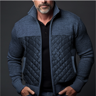 Men’s Quilted Jacket - Knitted Sleeves - Slim Fit - High Collar - Ribbed Cuffs