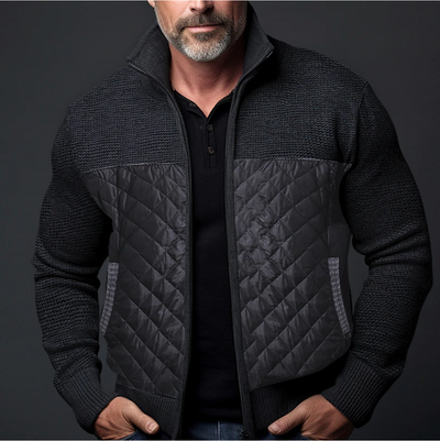 Men’s Quilted Jacket - Knitted Sleeves - Slim Fit - High Collar - Ribbed Cuffs