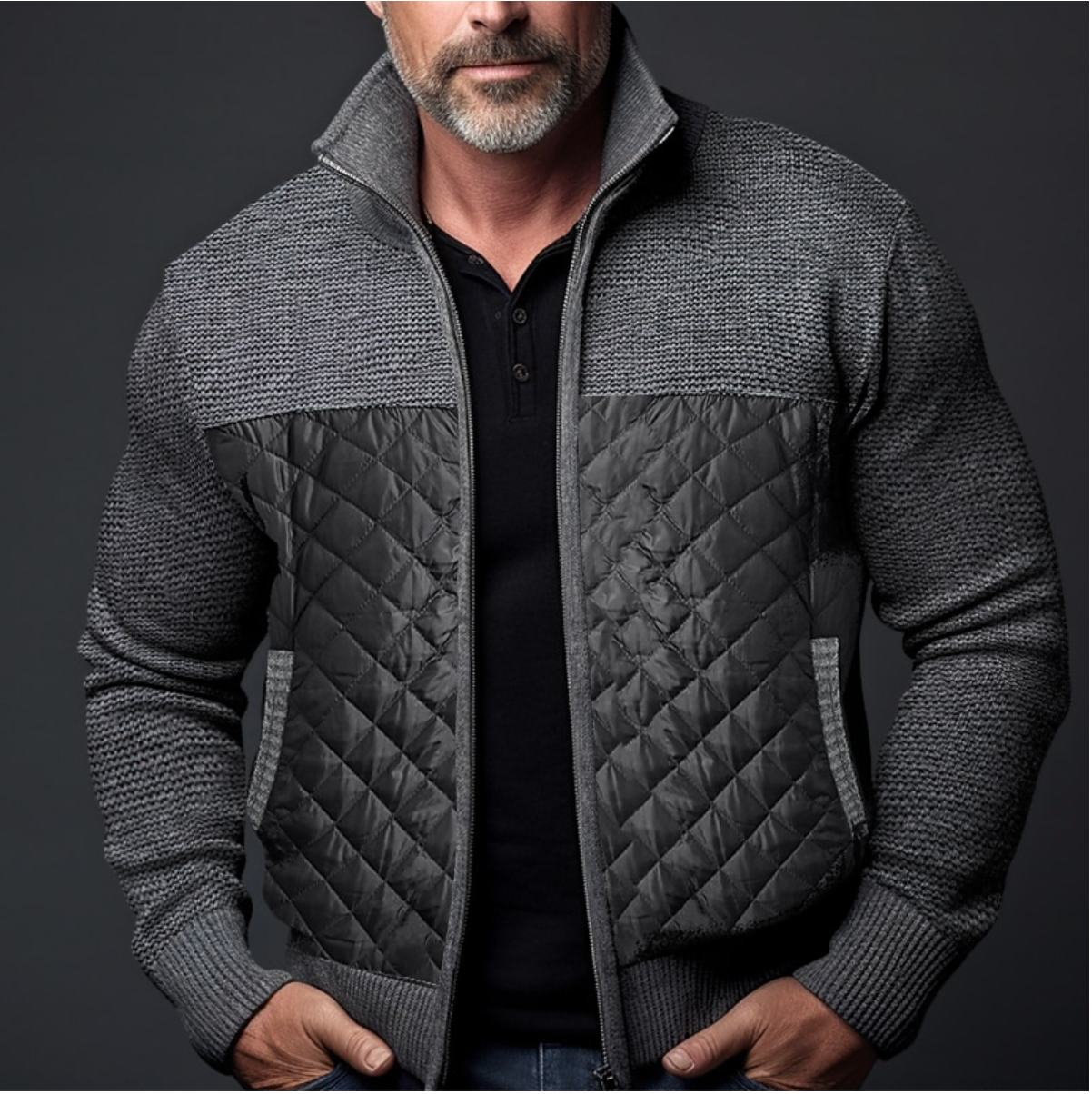 Men’s Quilted Jacket - Knitted Sleeves - Slim Fit - High Collar - Ribbed Cuffs