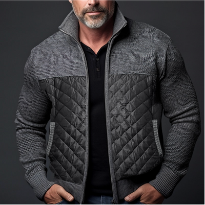 Men’s Quilted Jacket - Knitted Sleeves - Slim Fit - High Collar - Ribbed Cuffs