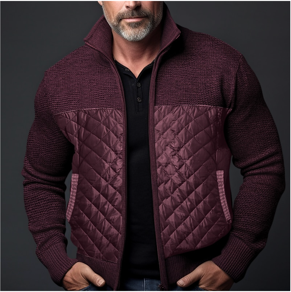 Men’s Quilted Jacket - Knitted Sleeves - Slim Fit - High Collar - Ribbed Cuffs