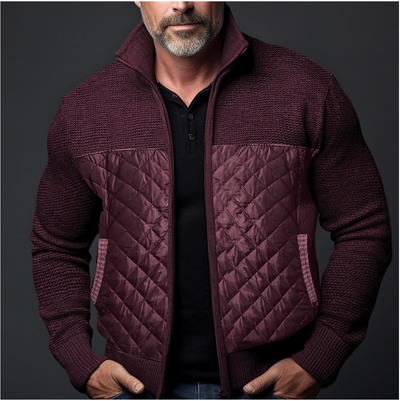 Men’s Quilted Jacket - Knitted Sleeves - Slim Fit - High Collar - Ribbed Cuffs