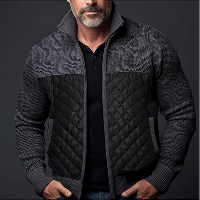 Men’s Quilted Jacket - Knitted Sleeves - Slim Fit - High Collar - Ribbed Cuffs