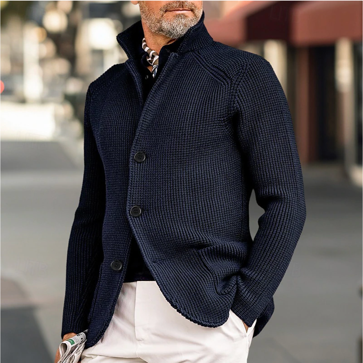 Men's Knit Cardigan - Ribbed Texture - Tailored Fit - High Collar Button-Up
