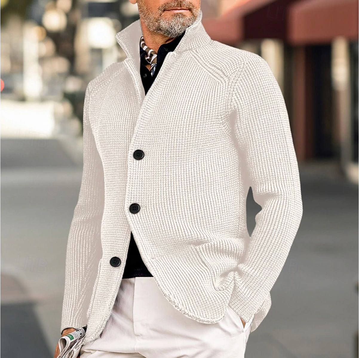 Men's Knit Cardigan - Ribbed Texture - Tailored Fit - High Collar Button-Up