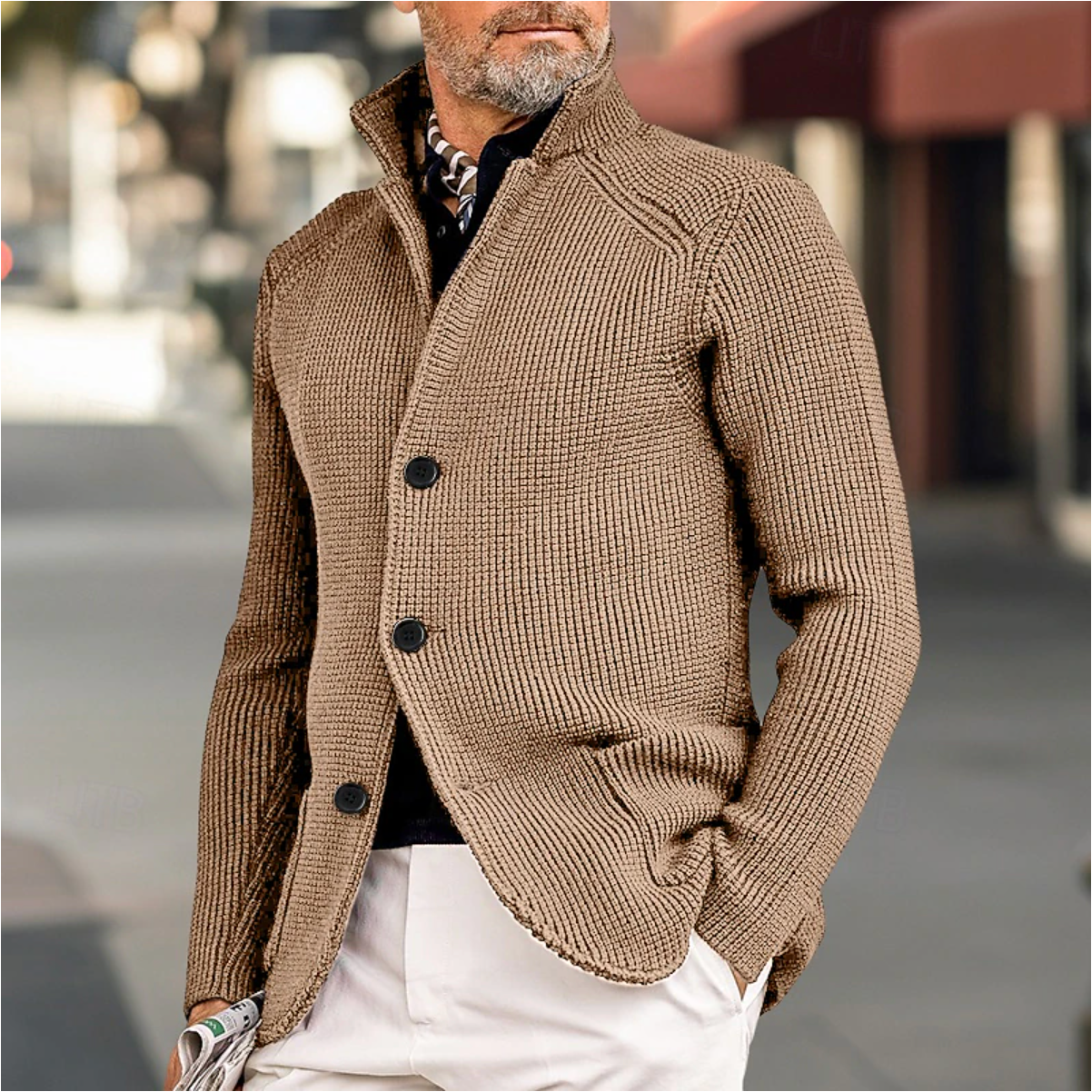 Men's Knit Cardigan - Ribbed Texture - Tailored Fit - High Collar Button-Up