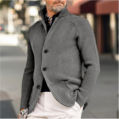 Men's Knit Cardigan - Ribbed Texture - Tailored Fit - High Collar Button-Up