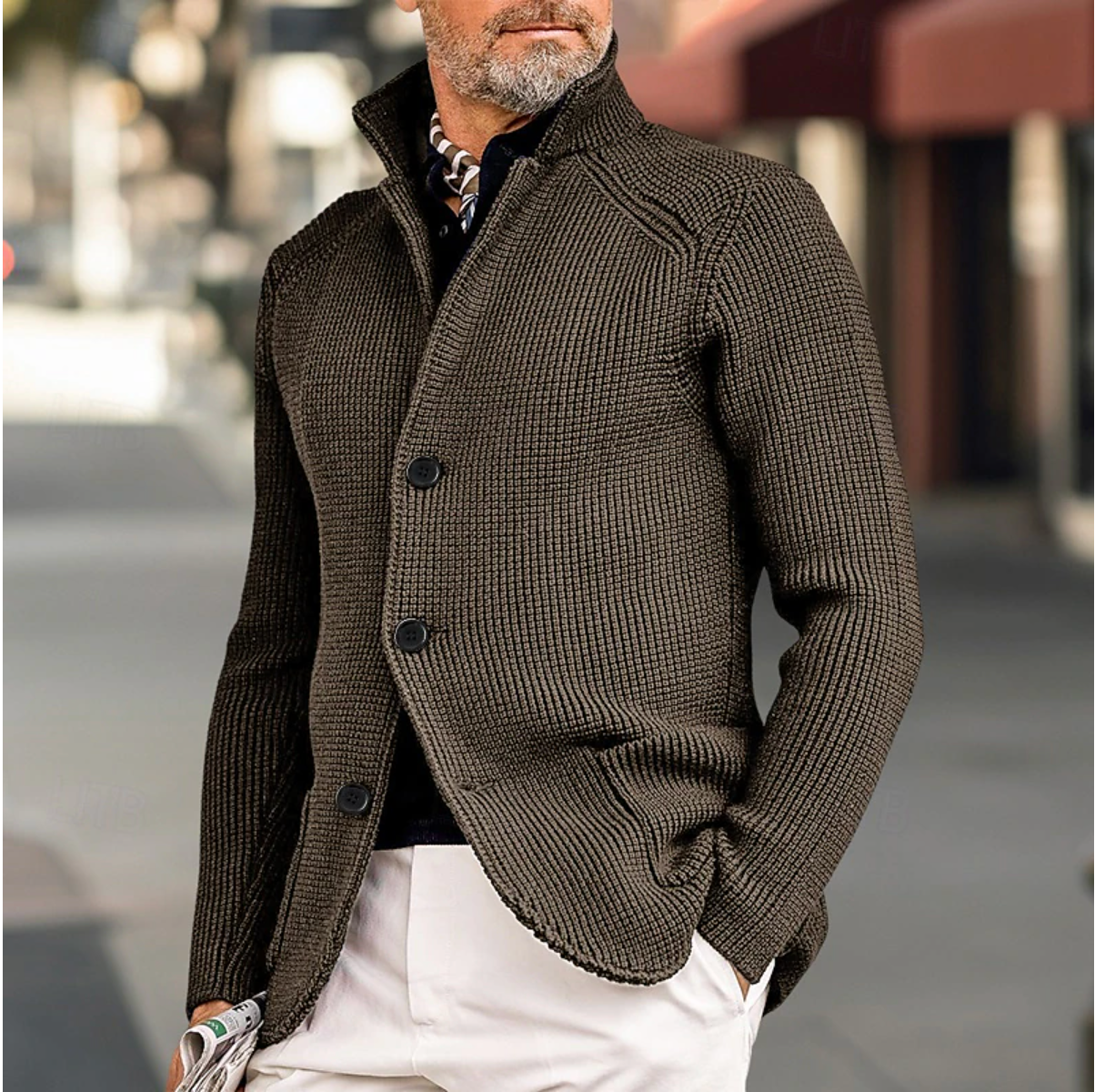 Men's Knit Cardigan - Ribbed Texture - Tailored Fit - High Collar Button-Up