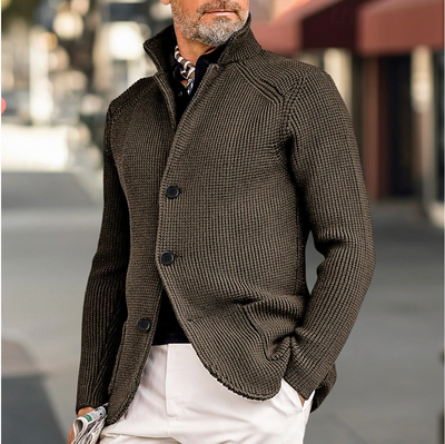Men's Knit Cardigan - Ribbed Texture - Tailored Fit - High Collar Button-Up