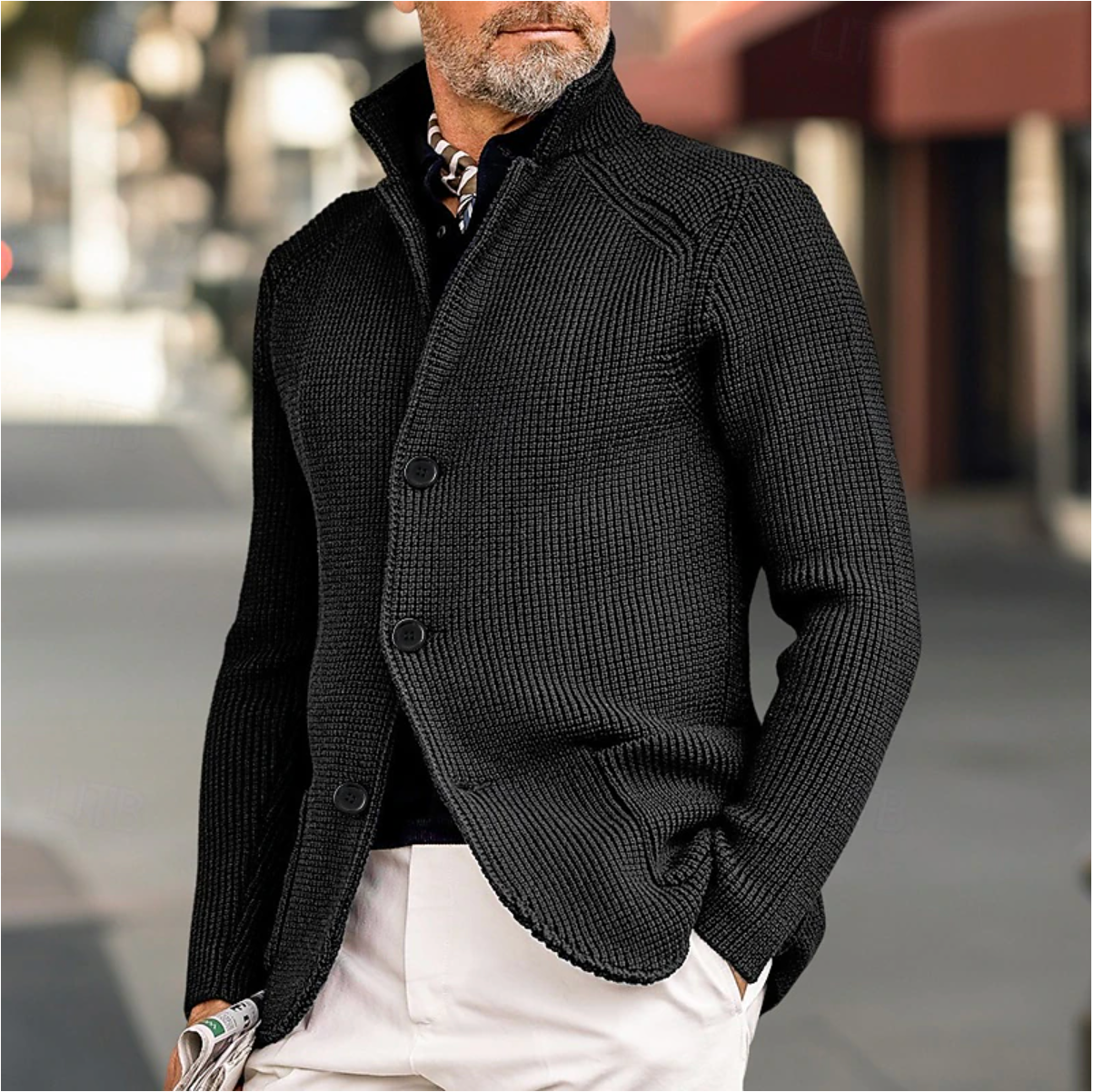 Men's Knit Cardigan - Ribbed Texture - Tailored Fit - High Collar Button-Up