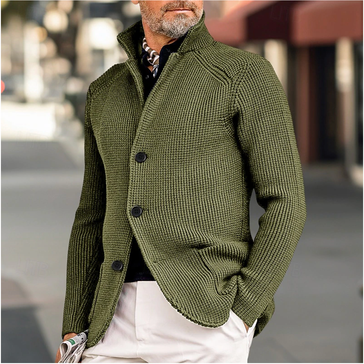 Men's Knit Cardigan - Ribbed Texture - Tailored Fit - High Collar Button-Up