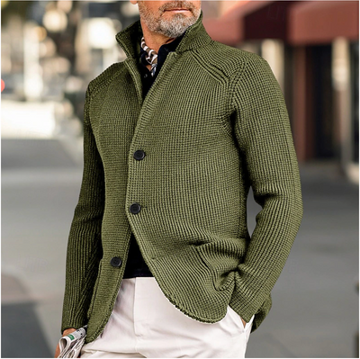 Men's Knit Cardigan - Ribbed Texture - Tailored Fit - High Collar Button-Up