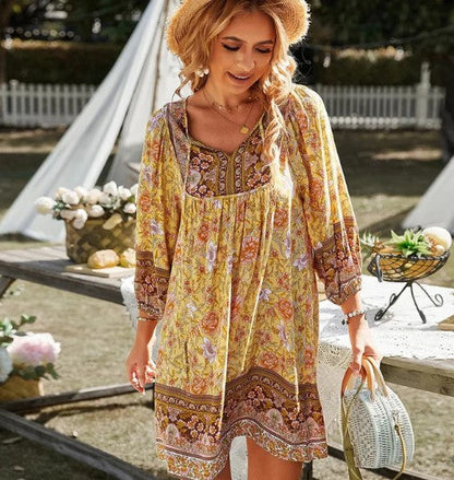 Women’s Bohemian Dress - Floral Print - V-Neck - Long Sleeve - Flowy Lightweight Fit