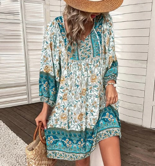 Women’s Bohemian Dress - Floral Print - V-Neck - Long Sleeve - Flowy Lightweight Fit