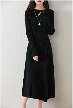 Women's Ribbed Knit Midi Dress - Long Sleeve - Gathered Side - Flared Hem