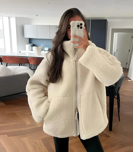 Women’s Coat – Oversized Fit – Soft Fleece – High Collar – Zipper Front – Hip Length