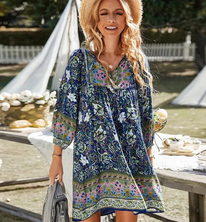 Women’s Bohemian Dress - Floral Print - V-Neck - Long Sleeve - Flowy Lightweight Fit