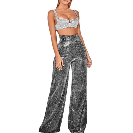 Women’s Flare Trousers – High Waisted – Glitter Finish – Wide Leg – Full Length