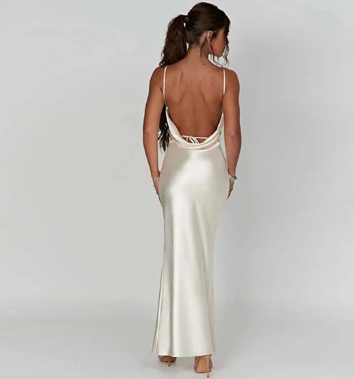 Women's Evening Gown - Satin Fabric - Cowl Neck - Spaghetti Straps - Thigh-High Slit