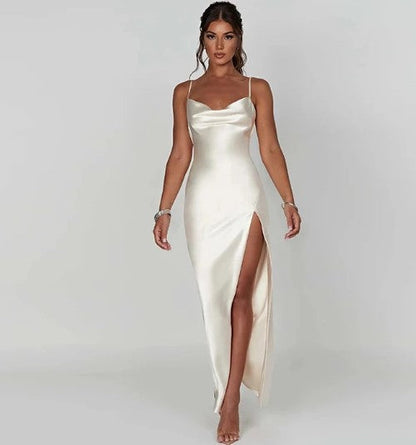 Women's Evening Gown - Satin Fabric - Cowl Neck - Spaghetti Straps - Thigh-High Slit