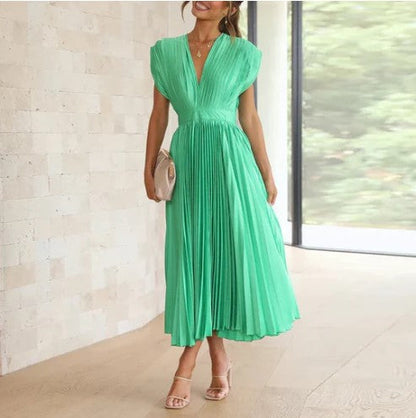 Women's Midi Dress - Deep V-Neck - Sleeveless Pleated Flowy Formal Wear