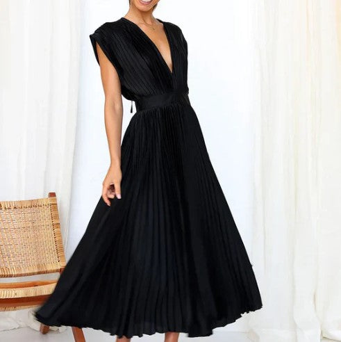 Women's Midi Dress - Deep V-Neck - Sleeveless Pleated Flowy Formal Wear