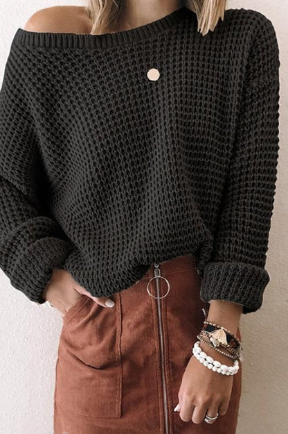 Women’s Knitted Sweater – Loose Fit – Chunky Wool Blend – Oblique Off-Shoulder Collar