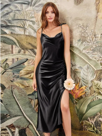 Women's Slip Dress - Satin Fabric - Cowl Neck - Spaghetti Straps - Side Slit Elegant Fit