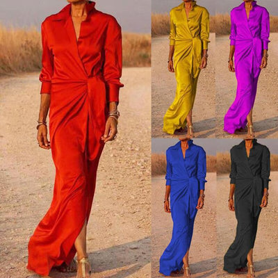 Women’s Maxi Dress – Satin Finish – Wrap Style – Collared – Ruched Waist – Long Sleeve