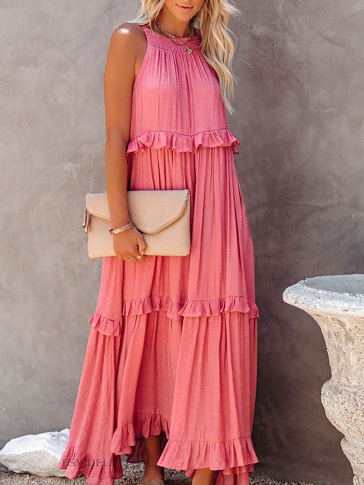 Women’s Maxi Dress – Relaxed Fit – Halter Neck – Ruffle Detail – Natural Fibers